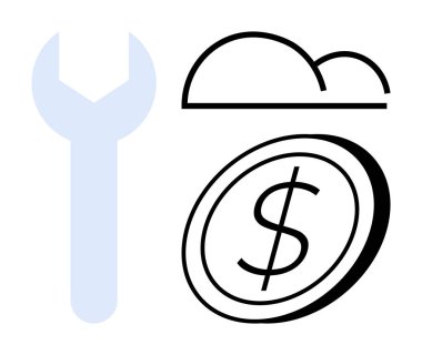 İngiliz anahtarı, bulut ve dolar ikonu ile çevrimiçi hizmetleri, teknoloji desteğini ve maliyet yönetimini temsil ediyor. Teknoloji, finans, araçlar, çevrimiçi iş bulutu altyapı desteği için ideal