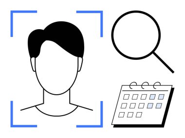 Tarama çerçevesinin içindeki insan yüzü, büyüteç ve kimlik doğrulama, veri analizi, zamanlama ve zaman yönetimini temsil eden takvim simgeleri. Teknoloji ve güvenlik için ideal