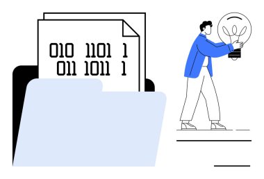 Dosyanın yanında parlayan bir ampul tutan adam ikili kod belgeleriyle birlikte. Yenilik için ideal, veri depolama, kodlama, teknoloji, yaratıcılık, dijital organizasyon, problem çözme. Basit düz