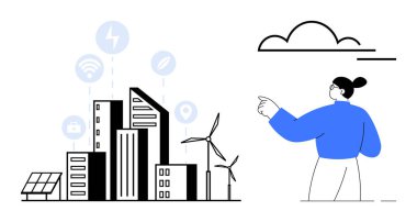 Rüzgar türbinleri, güneş panelleri ve akıllı teknoloji ikonları olan modern bir şehir. Kadın ilerlemeyi ve yeniliği sembolize ediyor. Sürdürülebilirlik, teknoloji, yeşil enerji ve şehir için ideal