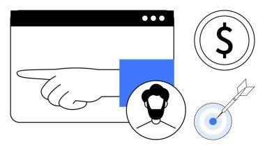 Bir web arayüzü içinde el gösterimi, bir kullanıcıyı temsil eden avatar simgesi, dolar sembolü, ve bir ok tarafından vurulan hedef. İş, pazarlama, hedef belirleme, kullanıcı katılımı, e-ticaret finansmanı için ideal