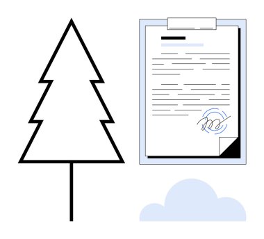 İmzalanmış belgenin yanındaki Evergreen ağacı sürdürülebilirliği ve bağlılığı temsil ediyor. Ekoloji, anlaşmalar, çevre, koruma, sözleşmeler, iklim değişikliği, ormancılık için idealdir. Basit düz metafor