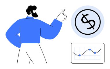 Adam dolar işaretine ve grafik grafiğine doğru gelişim yörüngesiyle hareket ediyor. Finans, yatırım, ekonomi, veri analizi, kâr, iş stratejisi, başarı için ideal. Basit düz metafor