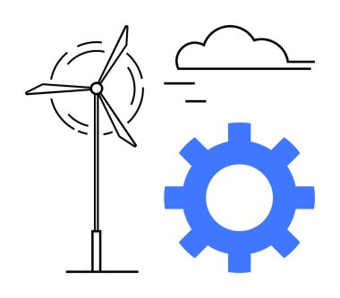 Rüzgar türbini güç üretiyor, hareket halindeki bulut ve enerji üretimini sembolize eden bir dişli. Temiz enerji, yenilik, sürdürülebilirlik, endüstri, teknoloji ortamı ve ilerleme için ideal. Düz