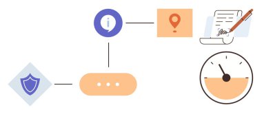 Kalkan, bilgi kabarcığı, konum kodu, kalem ve hız göstergesi ile çizgilerle bağlanmış belge. İş akışı yönetimi, veri işleme, güvenlik, navigasyon belgeleme süreci için ideal