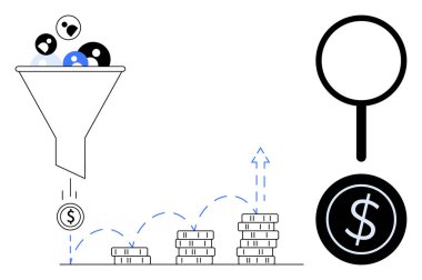 Kullanıcıları madeni paralara filtreleyen huni, yükselen para yığınları, yukarı çıkan oklar, büyüteç. Pazarlama, veri analizi, satış, mali strateji, ROI iş büyümesi ve araştırma için ideal