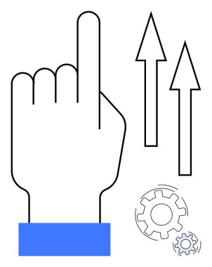 Büyümeyi, başarıyı, yeniliği, takım çalışmasını, teknolojiyi, gelişmeyi ve gelişmeyi temsil eden oklar ve dişlilerle yukarı doğru el hareketi. İlerleme kavramları ve basit düz konseptler için ideal