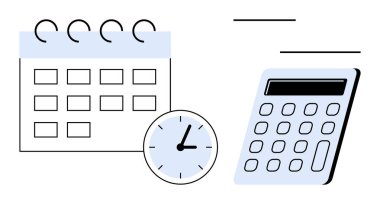 İşaretli kareler, saat ve hesap makineleri ile takvim organize zaman yönetimi ve zamanlamayı belirtir. Üretkenlik, planlama, teslim tarihleri, iş akışı, verimlilik, organizasyon finans için ideal