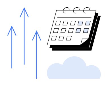 Yukarı doğru ok ve bulutlu takvim, büyüme, planlama, üretkenlik, gelecekteki hedefler, başarı ve zaman yönetimi öneriyor. Ticari büyüme, stratejik planlama ve üretkenlik hedefi belirlemek için ideal