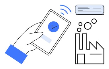 Bir fabrikaya bağlı olan klimayı kablosuz olarak kontrol eden bir akıllı telefon. Otomasyon, loto, bağlantı, teknoloji, kolaylık, verimlilik ve yenilik için ideal. Basit düz