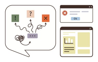 Karar ipuçları içeren konuşma balonu, X, dönen yol okları ve alarm ve veri incelemesi için açılan pencereler. Sorun çözme, seçimler, karışıklık, iş akışı UI tasarım analizi için ideal