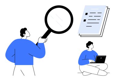 Çevrimiçi araştırma için dizüstü bilgisayarını kullanarak belgeyi büyüteçle analiz eden adam. Teftiş, analiz, rapor gözden geçirme, işbirliği, veri çalışması, bilgi kontrolü için ideal