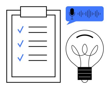 Kontrol listeli pano, mavi kontrol işaretleri, ses giriş balonu, parlayan ampul. Üretkenlik, yaratıcılık, yenilik, organizasyon verimliliği görev yönetimi beyin fırtınası için idealdir. Basit.