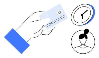 Elinde bir kredi kartı, zaman için bir saat ve kimlik ya da kullanıcı olduğunu gösteren bir kadın profili var. Bankacılık, ödemeler, finansal kavramlar, zaman yönetimi, kimlik, e-ticaret için ideal konut
