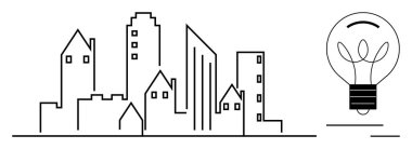 Parlayan bir ampulün yanında çeşitli bina şekilleri olan minimalist şehir silueti. Yenilik, yaratıcılık, sürdürülebilirlik, kentsel planlama, enerji çözümleri, mimari için ideal