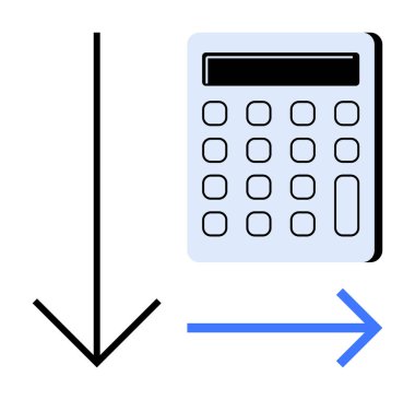 Kalın siyah aşağı doğru ok ve mavi sağa bakan ok ile birlikte işlem, hesaplama ya da hareketi temsil eden hesap makinesi. Eğitim, finans, teknoloji, analiz, iş akışı için ideal