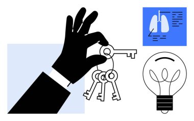 Erişim ya da cevapları öneren anahtarlarla el, fikirleri ya da yenilikleri ifade eden ampul ve sağlık ya da teşhisi ima eden akciğer grafiği. Sorun çözme, sağlık hizmetleri, içgörü, yenilik ve araştırma için ideal