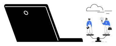 Dizüstü bilgisayar ve terazide dengede duran iki profesyonel takım çalışmasını, karar verme mekanizmasını ve yeniliği vurguluyor. İşbirliği, eşitlik, iş hayatı dengesi, müzakere, kariyer planlama stratejisi için ideal