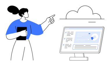 Kadın karakter tableti ekranın üstünde analitik gösteren buluta işaret ediyor. Bulut hesaplama, veri analizi, dijital depolama, uzak çalışma, teknoloji eğilimleri, yazılım, basit düz