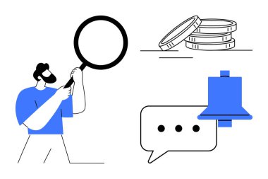 Bozuk paraların, konuşma balonunun ve uyarı zilinin yanında büyüteç tutan kişi. Araştırma, finans, iletişim, analiz, keşif tebligatları izleme için ideal. Minimalist düz metafor