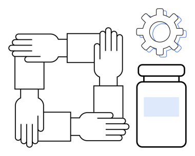 Birbirine bağlı eller bir kare oluşturuyor, dişliler yeniliği ve ilaç kutusunu simgeliyor. Takım çalışması, sağlık, yenilik, işbirliği, toplum, ilaç geliştirme sağlık hizmetleri için ideal