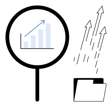 Dosya dizininden yükselen oklar ve yukarı doğru eğilimli çubuk grafiğinin üzerindeki büyüteç. Analiz, büyüme, ilerleme, finans, araştırma, strateji, organizasyon için ideal, basit düz metafor