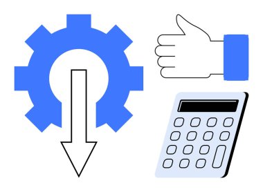 Aşağı doğru ok, baş parmak işareti ve optimizasyon, başarı ve hesaplamayı ifade eden bir hesap makinesi. İş, otomasyon, finans, verimlilik için ideal iş akışı basit