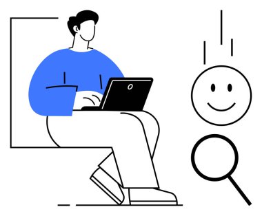 Dizüstü bilgisayarı olan bir adam, arama ve analiz için büyüteç ve pozitiflik için mutlu bir yüz. Temalar için ideal araştırma, çevrimiçi çalışma, analiz, üretkenlik, pozitiflik, keşif