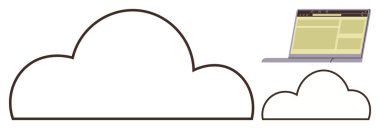 Büyük bulut dizüstü bilgisayarın yanında daha küçük bir ekrana bağlı, bulut depolama ve çevrimiçi veri bağlantısını sembolize ediyor. Teknoloji, yenilik, çevrimiçi hizmetler, güvenlik, depolama için ideal