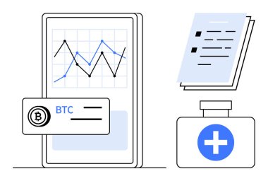 Bitcoin fiyat grafiği, belge yığını ve sağlık sembollü mobil cihaz. Finans, kripto para birimi, sağlık teknisyeni, veri analizi, mobil uygulama tasarımı, dijital araçlar için ideal düz metafor