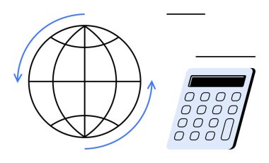 Küresel finans, ticaret, analitik, bütçe, ekonomi, muhasebe, hesaplamalar ve ticareti gösteren hesap makinesiyle eşleştirilmiş dönen oklar basit bir düz metaforda.