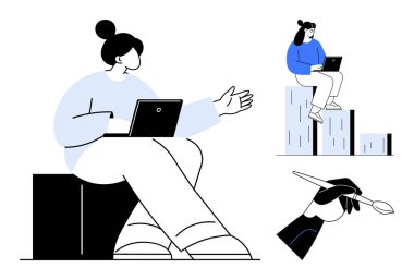 Dizüstü bilgisayarlı iki kadın, bir el kalemle resim çizerken büyümeyi temsil eden fikirleri barların üzerinde tartışıyor. Takım çalışması, yaratıcılık, beyin fırtınası, işbirliği, büyüme, teknoloji ve eğitim için ideal. Basit.