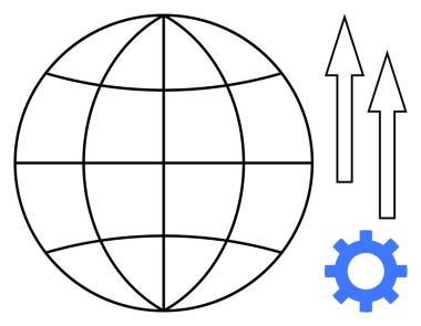 Küre küresel bağlantıyı simgeliyor, büyüme ve ilerleme için iki yukarı doğru ok ve teknoloji ve yeniliği temsil eden bir vites. Küreselleşme, strateji, başarı, takım çalışması ve teknoloji için ideal