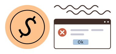 Dolar simgesi hata iletisi ile finansal görünüm uyarı penceresini temsil eder ve OK düğmesi bir sorun veya işlem hatası iletir. Fintech, bankacılık, çevrimiçi ödemeler, hata işleme ve risk için ideal