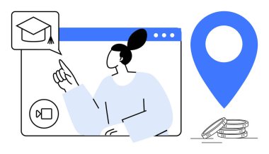 Videodaki kadın mezuniyet şapkası ikonuna işaret ediyor. Yakınlarda büyük bir harita iğnesi ve bozuk para yığını var. E-öğrenim, uzaktan eğitim, yatırım, navigasyon, finansal planlama, kariyer büyümesi için ideal