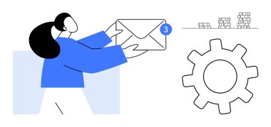 Bildiri rozetli bir zarf tutan kadın. Dişliler birikmiş madeni paraları sembolize eder. Finansal kavramları işaret eder. E- posta pazarlama, iletişim, güncellemeler, takım çalışması, yönetim için ideal