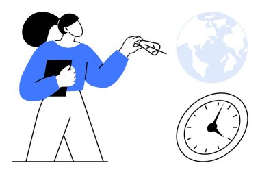 Not defterini tutan kadın, yaprakla dünyaya ve saate uzanıyor. Sürdürülebilirlik, zaman yönetimi, eko-farkındalık, liderlik, küresel etki, kişisel büyüme, basit düz metafor