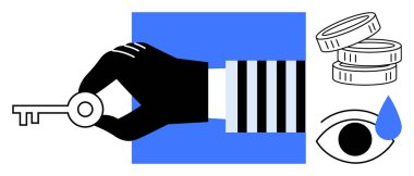 Siyah el bozuk paraların yanında bir anahtar, gözyaşı damlalı bir göz ve kalın şekiller tutar. Erişim, güvenlik, tasarruf, kayıp, duygular, karar verme süreci için ideal. Basit düz metafor