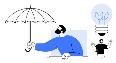 Korunmayı ya da güvenliği simgeleyen şemsiyeli bir adam. Fikirleri, ilerlemeyi ve rehberliği çağrıştıran büyük bir ampul. Yaratıcılık, yenilik, güvenlik, problem çözme, ilham liderliğini desteklemek için ideal