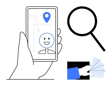 Konum belirleyici ve mutlu yüzlü akıllı telefon, arama için büyüteç, ve el değiş tokuşu. Basit seyrüsefer, arama, finans, ödeme, teknoloji ve e-ticaret için ideal