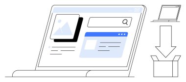 Resim arama ve dosya organizasyonu için web arayüzü gösteren dizüstü bilgisayar. Ok, indirilen içeriği bir kutuya yönlendirir. Teknoloji, içerik yönetimi, üretkenlik, veri depolama, dijital için ideal