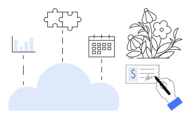 Bulut bağlantı analizleri, bulmaca işbirliği, takvim çizelgesi, ekolojik bilinç çizimleri ve ödeme işlemleri. Organizasyon, fintech, takım çalışması, sürdürülebilirlik planlaması için ideal