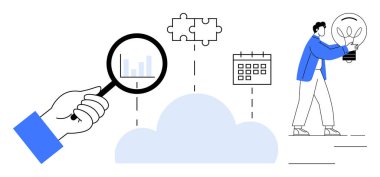 Büyüteç verileri analiz ediyor, bulmaca parçaları, takvim, ampul tutan kişi, bulut merkezi. Araştırma, yenilik, yaratıcılık planlama teknolojisi ekip çalışması için ideal. Temiz