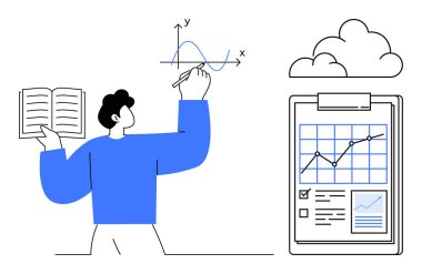 Kitaplı adam pano çizelgesi ve bulutun yanında matematik grafiği çiziyor. Eğitim, veri görselleştirme, iş büyümesi, analiz, öğretim, planlama, bulut hesaplama için idealdir. Basit düz metafor