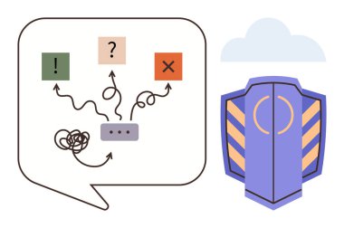 Karar verme sürecine sahip konuşma balonu, kafa karışıklığı sembolleri, seçenekler, kararların güvenliği simgelemesi. Problem çözme, güvenlik, planlama, rehberlik belirsizliği koruması için ideal. A