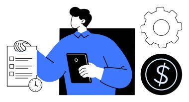 Elinde saat, dişli ve dolar sembolüyle çevrili bir tablet ve liste tutan bir işadamı. Üretkenlik, planlama, verimlilik, zaman yönetimi, iş akışı kariyer büyüme metaforu için ideal