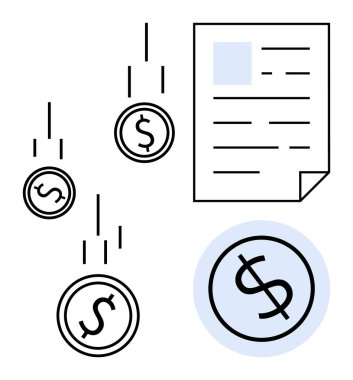 Dolar işaretli bozuk paralar, finansal belgeler ve bir dolar sembolü çevrili. Finans, bütçe, yatırım, muhasebe, tasarruf ekonomisi planlaması ve zenginlik kavramları için idealdir. Basit düz