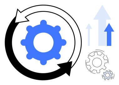 Çalışma akışını ve ilerlemeyi simgeleyen kavisli oklarla çevrelenmiş dişliler. Yukarı çıkan oklar gelişmeyi, büyümeyi simgeler. Üretkenlik, verimlilik, yenilik, strateji, ilerleme geliştirme ekip çalışması için ideal