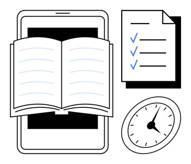 Tablet üzerine açık bir kitap, mavi işaretli kontrol listesi eğitimi, verimliliği ve zaman yönetimini sembolize eden analog saat. Eğitim, organizasyon, planlama, eğitim teslim tarihleri için ideal