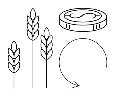 Bir madeni para ve geri dönüşüm okunun yanında tarım ekonomisini, sürdürülebilirliği, dairesel ekonomiyi, çevre dostu uygulamaları, organik tarımı, kaynak korunmasını, basit bir daireyi temsil eden tahıl sapları.